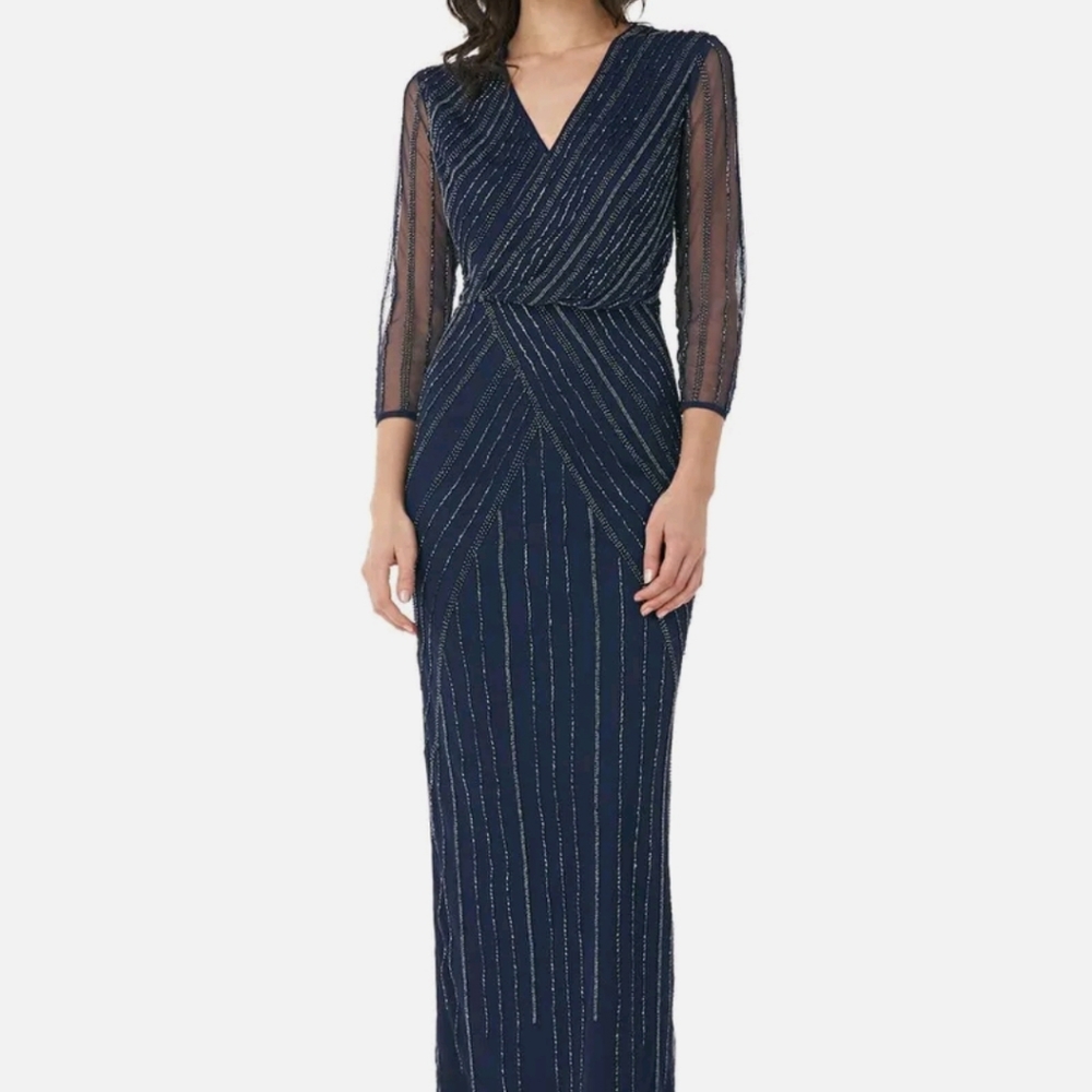JS COLLECTIONS Beaded surplice Ball gown In Blue Navy size 8 NWT sheer V-neck